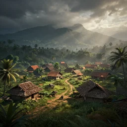 establishing shot of a kerala village, an epic fantasy, dramatic lighting, cinematic, extremely high detail, photorealistic, cinematic lighting, matte painting, artstation, by simon stalenhag, horizon zero dawn