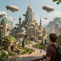 a man-on-the-street photograph of a dwarven city with retrofuturist art deco architecture, the city is marbled with forested parks, steampunk airships fly overhead, 4k, ultra realism, hyper detailed