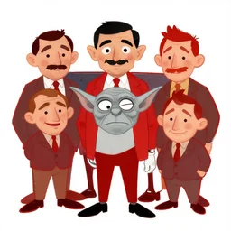 red on white background ms paint doodle of group portrait of mr bean grey goblin looking funny looking smug - w 7 6 8