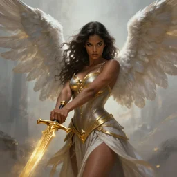 a beautiful angelic woman, dark skin, wielding a golden sword fantasy art, art by greg rutkowski and artgerm, amazing detail, illustration, epic,, artstation, concept art, sharp focus, cinematic