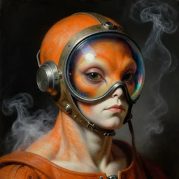 a baroque neoclassicist close - up portrait of an orange and white alien being wearing an iridescent reflective retrofuturistic lovecraftian cyberpunk pilot visor. head, face and shoulders, foggy black background. white smoke. renaissance portrait painting. sci - fi retrofuture. highly detailed science fiction painting by norman rockwell, frank frazetta, syd mead and moebius. rich colors, high contrast, gloomy