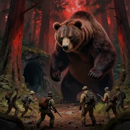 picture of a violent bipedal grizzly bear monster looking down at a group of poachers near a cave, redwood forest, art by ismail inceoglu and filip hodas, extremely detailed, matte painting, chiaroscuro, vaporwave style, artistic render