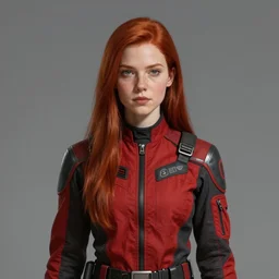 portrait of a woman by greg rutkowski, she is about 2 0 years old, redhead, long straight hair, beautiful oval face, wearing red and black utilitarian jumpsuit, older sister vibes, highly detailed portrait, scifi, digital painting, artstation, concept art, smooth, sharp foccus ilustration, artstation hq.
