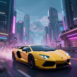 epic digital art of photorealistic synthwave lamborghini driving through neon cyberpunk futuristic city towers, mountains in background, wlop, pixiv