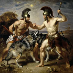battling Spartans against wolves in the style of  William Adolphe Bouguereau