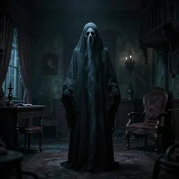 a innatural and tragic ghost in a room of a haunted house. realistic, cinematic lightning, octane tender, dark - art