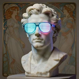 a detailed marble bust sculpture of jensen ackles wearing glowing neon slotted and shuttered 1 9 8 0 s glasses, vaporwave style masterpiece, 8 k, art by greg rutkowski and albert bierstadt and arthur rackham and alphones mucha