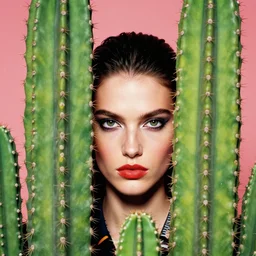 extremely detailed studio closeup portrait of a fashion model peeking through cactuses. surreal photograph, lo - fi, polished look, solid background, silly and serious, hermes ad, fashion photography, toiletpaper magazine by pierpaolo ferrari and maurizio cattelan, 3 5 mm photograph, colourful, david lachapelle, canon eos c 3 0 0, 8 k, medium - format print