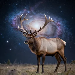 professional photograph of an albino elk, galaxy and stars in the background, awe - inspiring, high quality, hd,