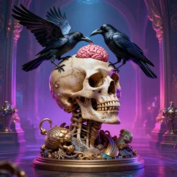 a full - body portrait of a man with an open skull, with a ( crow!!! eating!! the brain )!!!!, cult dystopian neon environment, intricate, elegant, highly detailed, rule of thirds, digital sculpture, artstation, 8 k rendering, ray tracing, by salvador dali and david cronenberg