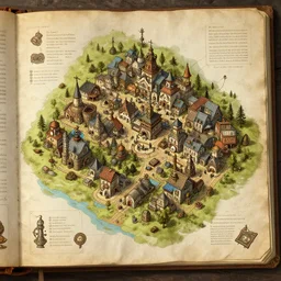 detailed map of a small steampunk town, concept art from a book with symbols