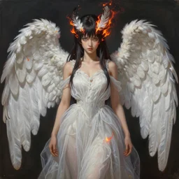 breathtaking detailed painting of full size mononoke princess, by ayami kojima and brom, gauze angel dress, detailed realistyc symmetrical facial features, amalgamation of embers and feathers, 8 k, concept art, matte, sharp focus, rembrandt style