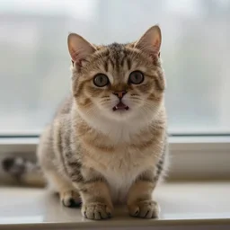 portrait photo of a small happy chunky fluffy kitten looking into the camera, indoors, f 1. 4, golden ratio, overcast day