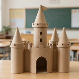 castle made out of cardboard tube, photorealistic, 4 k, canon 1 d, classroom in background