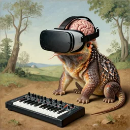 lizard - elephant shrew vr glasses wearing brain - interface using a modular synthesizer. painted by francis bacon, hieronymus bosch