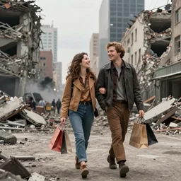 modern city destroyed by war in ruins with rich hipster couple walking around with shopping bags laughing, color photograph very high detail