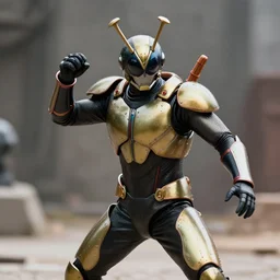 man wearing armored beetle suit for battle