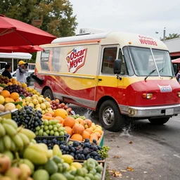 the Oscar Meyer Weinermobile crashing into a fruit stand, photo, f1.7 35mm prime, award winning