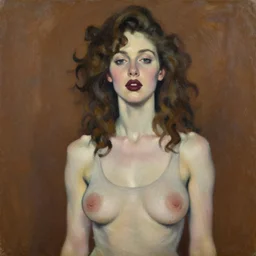 expressive medium shot portrait of a pale sexy young 8 0 s model busty woman with curly brown hair, big maroon lips, wearing a tight shirt, brown background, oil painting, impasto, muted colors, artwork by lucian freud, arnold bocklin, ossip zadnike