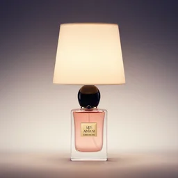 a table lamp designed by armani in the shape of perfume, advertising photography, color gradient background