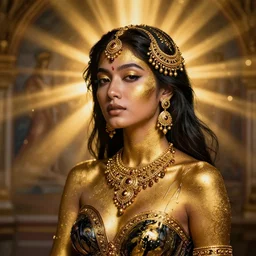 asian girl, liquid golden and black fluid, magic hour, dramatic light, liquid painting, golden bodypaint, world best photography, indian patterns, bokeh, golden jewelry filigree, body detaily, ornaments, fresco by michealangelo, golden rays, god rays, epic cinematic wallpaper