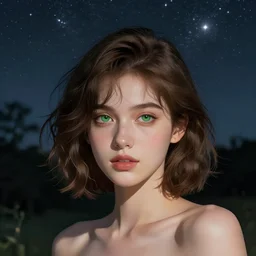 an hd photo of a young woman with short wavy brown hair and green eyes, beautiful trees in the background, night sky with stars and galaxies, trending on artstation