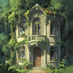 house, by akihiko yoshida, ivy, stylized, artstation, atmosphere, by makoto shinkai, hanging vines, photorealistic, baroque, art nouveau, pixiv