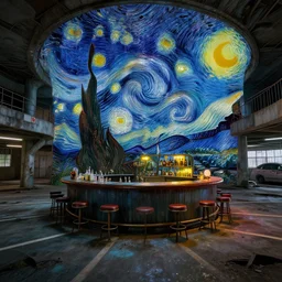 a beautiful very detailed highly detailed abandoned architecture parking garage by vincent van gogh, galactic cgsociety hyperrealism retro futuristic scumm bar darkacademia crystal fantasy liberty city nightvision thermal vision tron azeroth steampunk thermal imaging fisheye, archdaily, wallpaper, highly detailed, trending on artstation.