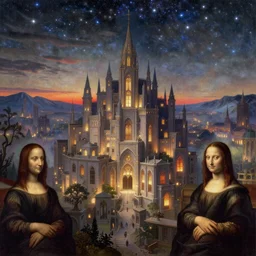 ethereal starlit city of magic lost in time at sunset, italian futurism, Botticelli, da vinci, hd, digital painting