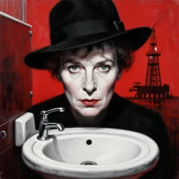 high quality noir painting close up of agatha christie face with hat, agatha christie, a huge public bathroom sink and an oil rig forboding in the background, mystery of the giant sink, by greg rutkowski, red, black and white colour scheme, textured grunge aesthetic