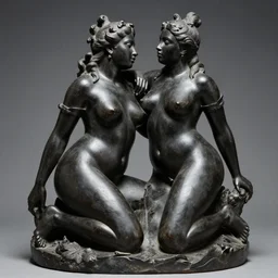onyx sculpture of 3 beautiful sensual obese black long - haired deities caressing each other in ecstasy, museum artifact