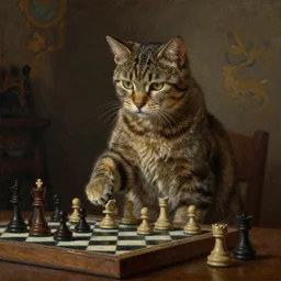 cat playing chess looking wise, rococo oil painting.