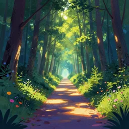colorful sylvain sarrailh illustration of a night view down an empty forest tunnel, brightly illuminated by rays of sunlight, wildflowers, artstation