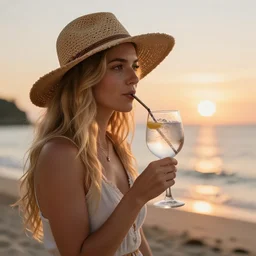 bohemian blonde woman on beach drinking gin and tonic cocktail, sun hat, sunset, photorealistic, 4k