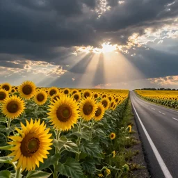 photorealistic art of a field of sunflowers along a road, dynamic lighting, hyperrealism, stunning visuals