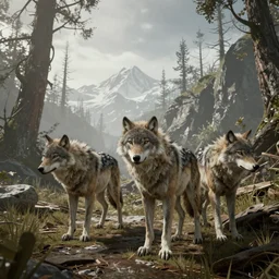 pack of wolves in the style of zero dawn, video game, unreal engine, octane render, intricate details - n 4