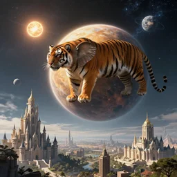 planet - sized tiger elephant in space, next to the sun and stars, giant space castle, giant space city, giant space cathedral, very wide shot, epic composition, hyper detailed, digital art, trending in artstation, cinematic lighting, studio quality, unreal engine 5 rendered, art style by klimt and nixeu and ian sprigger and wlop and krenz cushart