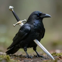 portrait of small scientific realistic raven!! holding carrying conan fantasy sword, cinematic, portrait, macro, from the new science fiction movie, 8 k, f 1. 8!!!