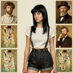 a woman with black hair and long pixie haircut in shorts with suspenders drawn by george bellows, gustave caillebotte, Alexandre Cabanel, norman rockwell, william waterhouse, maler collier, peter paul rubens, alphonse mucha, gustav klimt 4k, unreal 5, DAZ, french noveau, trending on artstation, octane render, hyperrealistic