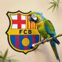 Digital painting of a parrot painting the FC Barcelona logo onto a wall with a stalk of bamboo dipped in paint.