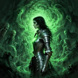 side profile, imogen poots, evil, plate armor, gloomhaven, luminescent, haunted green swirling souls, evil inky swirly ripples, sickly green colors, by greg manchess, huang guangjian, gil elvgren, sachin teng, greg rutkowski, jesper ejsing, ilya kuvshinov