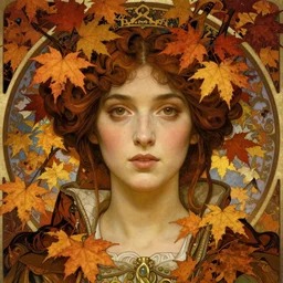 realistic detailed face portrait of a beautiful young medieval queen of Autumn Maple trees by Alphonse Mucha, Ayami Kojima, Amano, Greg Hildebrandt, and Mark Brooks, Art Nouveau, Neo-Gothic, gothic, deep rich autumn colors