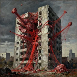 surrealist painting of a brutalist building turning into meat, red webs, post apocalyptic, painted by beksinski
