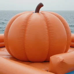 huge matte orange adult bouncy castle form in strange fantastic big fruits in material like a big puffer with seams, in the open sea, style by anish kapoor, parts by shih chieh huang, film still from the movie directed by denis villeneuve with art direction by zdzisław beksinski, close up, telephoto lens, shallow depth of field, warm soft