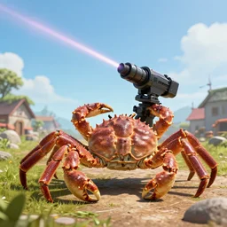 shoulder shot of a huge gigantic crab with a laser - turret on its back crawling towards a village, [ laser ] [ turret ] [ attached ] to top of crab, xf iq 4 f 5. 6 iso 2 0 0