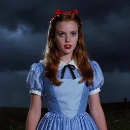 the image is a lost video game film still 1 9 9 0 s in this image, we see american mcgee's version of dorothy from the wizard of oz. mcgee's dorothy is much darker and edgier than the original character, the background is a dark, stormy sky, which adds to the sinister feel of the image, vibrant cinematography, anamorphic lenses, crisp, detailed image in 4 k resolution.