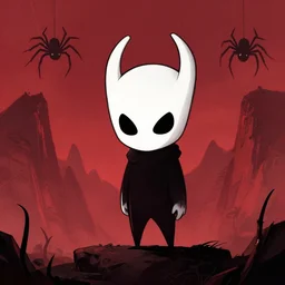 horror art, hollow knight, red peaks with spiders in the background, art by greg rutkowski