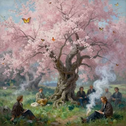 a beautiful painting smoke death twisted trees cherry blossom, butterfly hard lighting ethereal fantasy, pink green by raymond swanland, gaston bussiere craig mullins alphonse mucha basil gogos norman rockwell, jack kirby, ruan jia, roberto ferri, jeremy mann, monet, by wlop, moebius syd mead roger dean yoshitaka