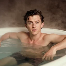 photographic portrait by Annie Leibovitz of Tom Holland in a hot tub, foggy, sepia, moody, dream-like, sigma 85mm f/1.4, 15mm, 35mm, 4k, high resolution, 4k, 8k, hd, full color
