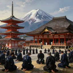 depression, suffering and buddhahood, classical, by fernando botero, by ambrosius benson, realistic, zoomed out, epic composition, discovering japan, ceremony, temple, dojo, mountain fuji